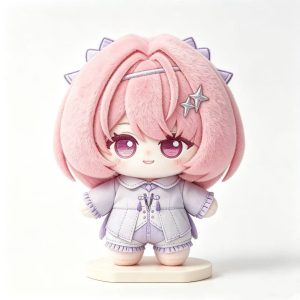 Cute 10cm Zenless Zone Zero Remiel anime cotton plush doll with pink hair shown in light purple and dark purple outfit variants standing on a white base.