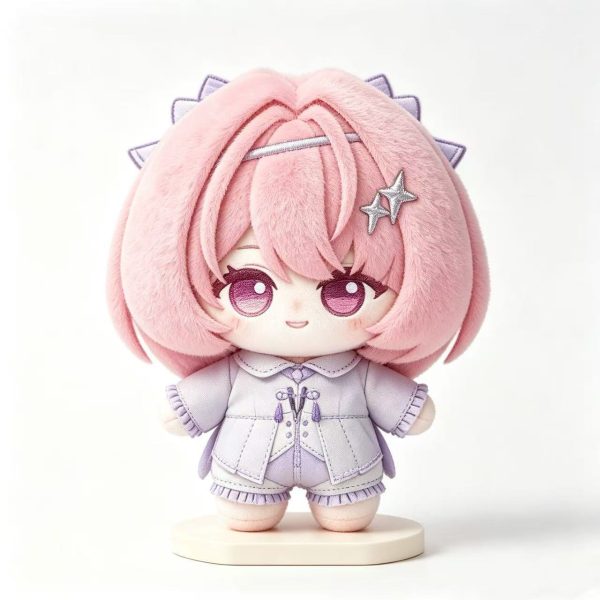 Cute 10cm Zenless Zone Zero Remiel anime cotton plush doll with pink hair shown in light purple and dark purple outfit variants standing on a white base.