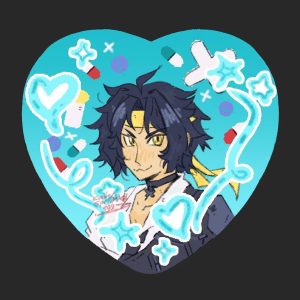 A collage of four heart-shaped holographic anime pin buttons featuring Zenless Zone Zero characters Von Lycaon, Hugo Vlad, Harumasa, and Manato in a hand-drawn art style, shining under natural light.