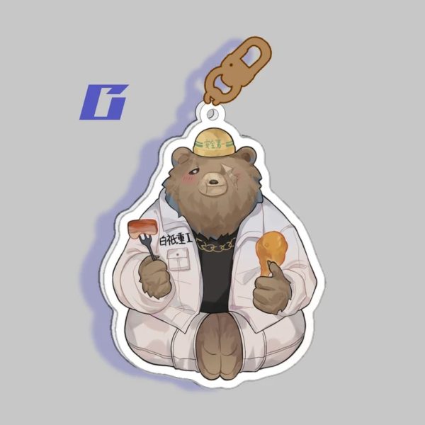 A collection of three clear acrylic keychains featuring fan-made illustrations of Zenless Zone Zero characters: Ben Bigger eating, Ellen Joe with her weapon, and Von Lycaon crouching. Each charm has a color-matched plastic clasp.