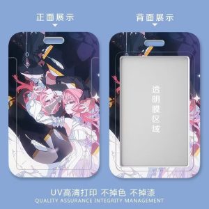 Three variations of a sliding card holder featuring an anime girl with pink hair and angel wings. The front shows the full character artwork, while the back displays the artwork border around a clear transparent window for an ID card.