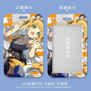 Five variations of a sliding hard-shell card holder featuring a blonde tiger-eared anime character named Ju Fufu from Zenless Zone Zero in various fun situations, including eating ramen and headbanging with headphones. The back shows the full character artwork, while the front features a clear transparent window for displaying ID cards.
