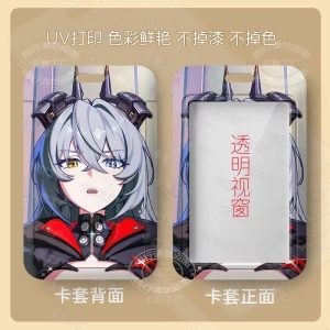 Multiple variations of a sliding hard-shell card holder featuring anime characters from Zenless Zone Zero, including Anby Demara and other stylish silver-haired agents. The back of the cases shows the full character artwork, while the front features a clear transparent window for displaying ID cards.