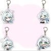 Four chibi acrylic keychains of Seed from Zenless Zone Zero showing different funny expressions: confused with question marks, smiling with sparkles, pouting in anger, and dramatically crying with big tear droplets.