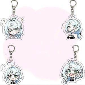 Four chibi acrylic keychains of Seed from Zenless Zone Zero showing different funny expressions: confused with question marks, smiling with sparkles, pouting in anger, and dramatically crying with big tear droplets.