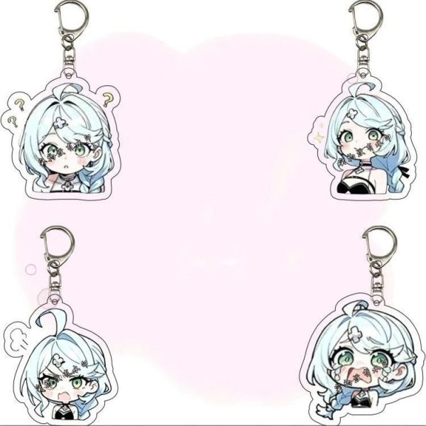 Four chibi acrylic keychains of Seed from Zenless Zone Zero showing different funny expressions: confused with question marks, smiling with sparkles, pouting in anger, and dramatically crying with big tear droplets.