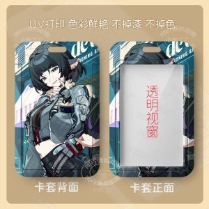 Multiple variations of a sliding hard-shell card holder featuring the dark-haired anime character Jane Doe from Zenless Zone Zero in various poses. The back of the cases shows the full character artwork, while the front features a clear transparent window for displaying ID cards.