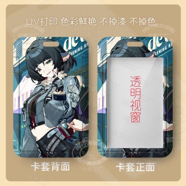 Multiple variations of a sliding hard-shell card holder featuring the dark-haired anime character Jane Doe from Zenless Zone Zero in various poses. The back of the cases shows the full character artwork, while the front features a clear transparent window for displaying ID cards.