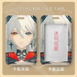 Multiple variations of a sliding hard-shell card holder featuring anime characters from Zenless Zone Zero, including Anby Demara and other stylish silver-haired agents. The back of the cases shows the full character artwork, while the front features a clear transparent window for displaying ID cards.