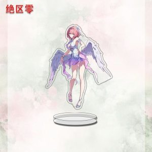 A collection of three clear acrylic standees featuring Zenless Zone Zero anime characters, including a pink-haired girl with wings, a blonde girl with a spiked bat, and a blonde girl with a blue lance. They are displayed on clear circular bases against a light, watercolored background.