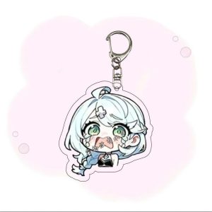 Four chibi acrylic keychains of Seed from Zenless Zone Zero showing different funny expressions: confused with question marks, smiling with sparkles, pouting in anger, and dramatically crying with big tear droplets.