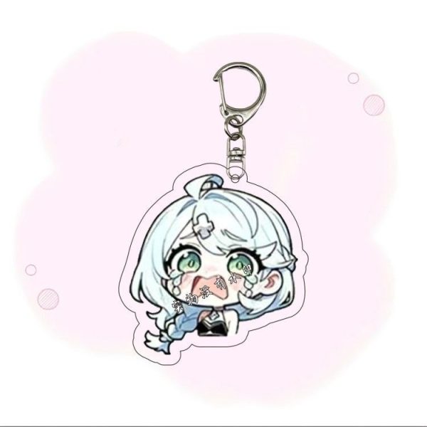Four chibi acrylic keychains of Seed from Zenless Zone Zero showing different funny expressions: confused with question marks, smiling with sparkles, pouting in anger, and dramatically crying with big tear droplets.