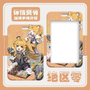 Multiple hard-shell sliding card holders featuring Zenless Zone Zero characters Ju Fufu and Yixuan in yellow and white themes. The front displays vibrant anime artwork and comic panels, while the back includes a large clear transparent display window and top lanyard slot.