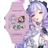 Pastel pink digital wristwatch featuring custom Zenless Zone Zero Vivian anime artwork inside the watch display windows, shown against character art backgrounds.