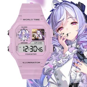 Pastel pink digital wristwatch featuring custom Zenless Zone Zero Vivian anime artwork inside the watch display windows, shown against character art backgrounds.