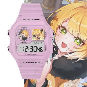 Pastel pink digital wristwatch featuring custom Zenless Zone Zero Ju Fufu anime artwork inside the display sub-windows set against character illustration backgrounds.