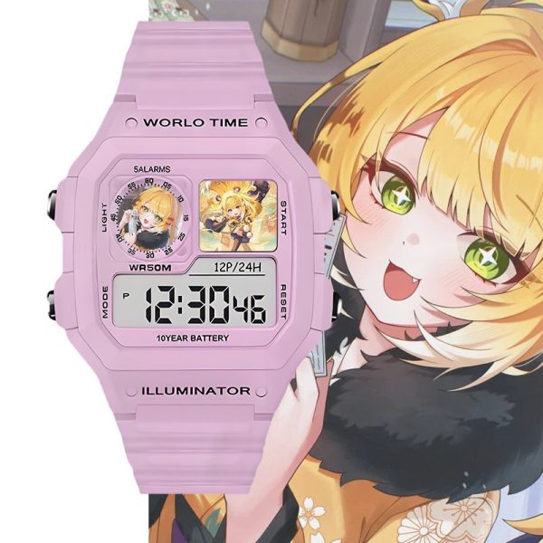 Pastel pink digital wristwatch featuring custom Zenless Zone Zero Ju Fufu anime artwork inside the display sub-windows set against character illustration backgrounds.