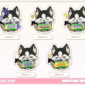 A catalog image showing five variations of clear acrylic pins featuring the husky dog Howl from Zenless Zone Zero holding different lucky scratch tickets, including bones, dog food, wolf faces, meat, and golden poop.