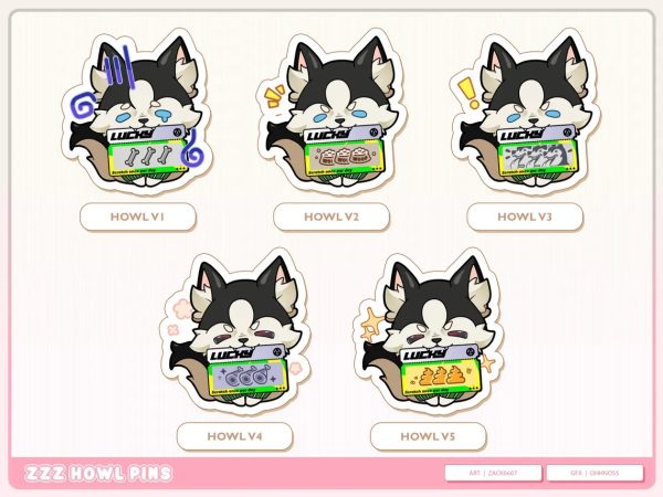 A catalog image showing five variations of clear acrylic pins featuring the husky dog Howl from Zenless Zone Zero holding different lucky scratch tickets, including bones, dog food, wolf faces, meat, and golden poop.