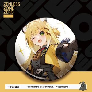 Glossy round button badge featuring chibi anime character Ju Fufu from Zenless Zone Zero holding bubble tea against a yellow accent background.