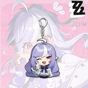 Cute chibi acrylic keychain featuring Zenless Zone Zero character Vivian with light purple hair and red eyes attached to a silver metal lobster clasp.
