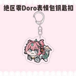 Zenless Zone Zero characters drawn in funny four-legged Doro meme style on acrylic keychains with silver metal clasps.