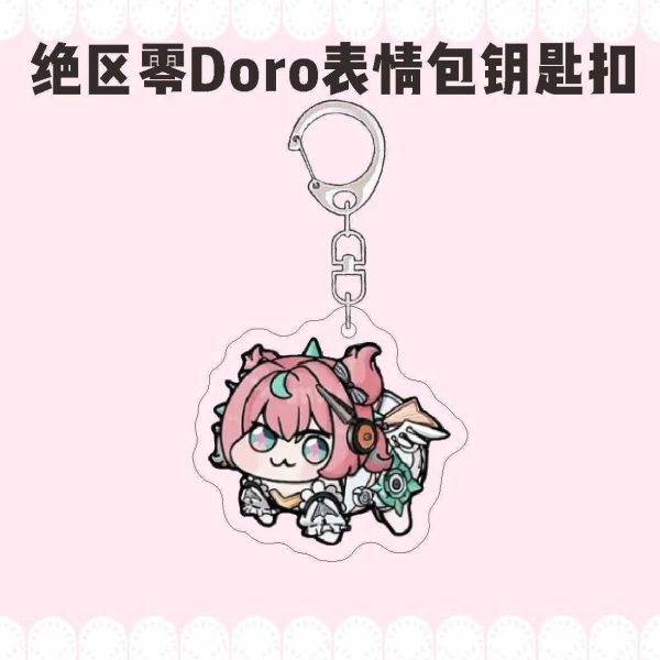 Zenless Zone Zero characters drawn in funny four-legged Doro meme style on acrylic keychains with silver metal clasps.