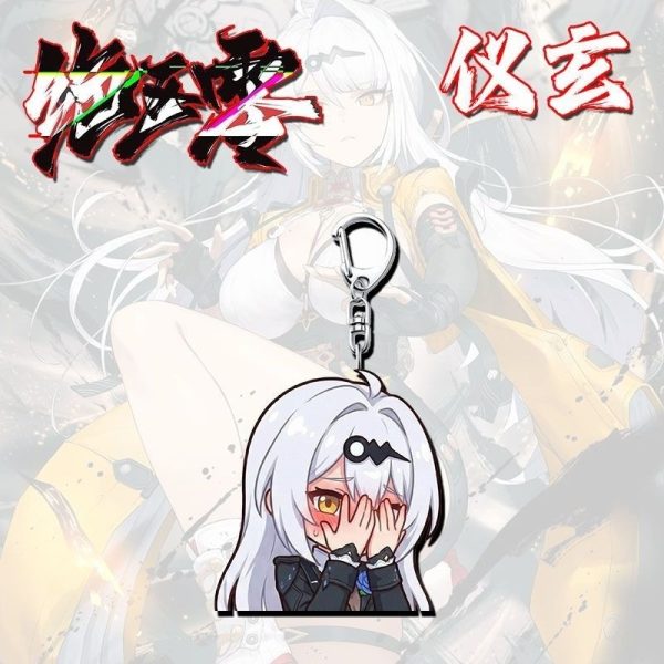 Zenless Zone Zero Yi Xuan anime chibi acrylic keychains featuring four cute expressions including cat ears, blushing, shocked, and pouting styles.