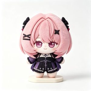 Cute 10cm Zenless Zone Zero Remiel anime cotton plush doll with pink hair shown in light purple and dark purple outfit variants standing on a white base.