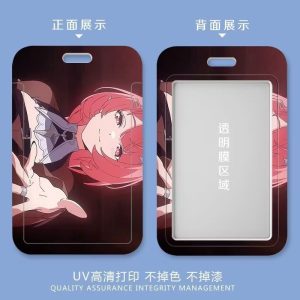 Three variations of a sliding card holder featuring an anime girl with pink hair and angel wings. The front shows the full character artwork, while the back displays the artwork border around a clear transparent window for an ID card.