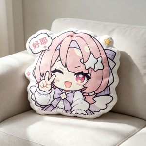 A collection of four images showing different 40cm custom-shaped plush pillows resting on a white sofa. Each pillow features a different chibi anime expression of the pink-haired character