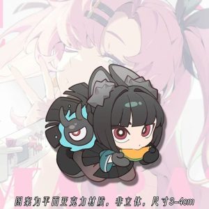 A collection of miniature flat acrylic phone charms featuring chibi anime characters, including a pink-haired girl, a tiger-eared girl, and a blue-haired girl, each attached to a small black lanyard string.