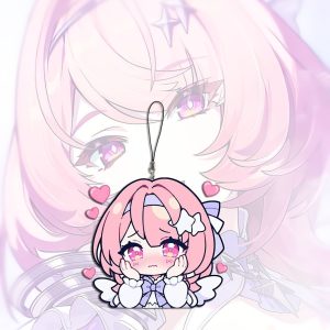 A collection of miniature flat acrylic phone charms featuring chibi anime art of Remiel from Zenless Zone Zero in various expressive poses, each attached to a small black lanyard string.