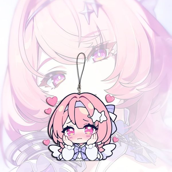 A collection of miniature flat acrylic phone charms featuring chibi anime art of Remiel from Zenless Zone Zero in various expressive poses, each attached to a small black lanyard string.