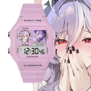 Pastel pink digital wristwatch featuring custom Zenless Zone Zero Vivian anime artwork inside the watch display windows, shown against character art backgrounds.