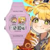 Pastel pink digital wristwatch featuring custom Zenless Zone Zero Ju Fufu anime artwork inside the display sub-windows set against character illustration backgrounds.