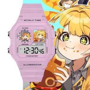 Pastel pink digital wristwatch featuring custom Zenless Zone Zero Ju Fufu anime artwork inside the display sub-windows set against character illustration backgrounds.