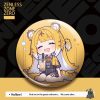 Glossy round button badge featuring chibi anime character Ju Fufu from Zenless Zone Zero holding bubble tea against a yellow accent background.