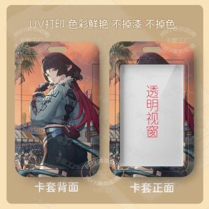 Multiple variations of a sliding hard-shell card holder featuring the dark-haired anime character Jane Doe from Zenless Zone Zero in various poses. The back of the cases shows the full character artwork, while the front features a clear transparent window for displaying ID cards.