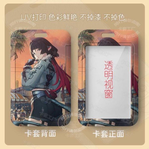 Multiple variations of a sliding hard-shell card holder featuring the dark-haired anime character Jane Doe from Zenless Zone Zero in various poses. The back of the cases shows the full character artwork, while the front features a clear transparent window for displaying ID cards.