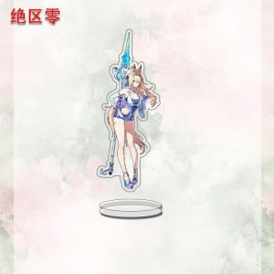 A collection of three clear acrylic standees featuring Zenless Zone Zero anime characters, including a pink-haired girl with wings, a blonde girl with a spiked bat, and a blonde girl with a blue lance. They are displayed on clear circular bases against a light, watercolored background.