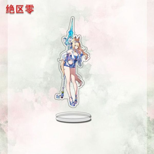 A collection of three clear acrylic standees featuring Zenless Zone Zero anime characters, including a pink-haired girl with wings, a blonde girl with a spiked bat, and a blonde girl with a blue lance. They are displayed on clear circular bases against a light, watercolored background.