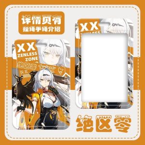 Multiple hard-shell sliding card holders featuring Zenless Zone Zero characters Ju Fufu and Yixuan in yellow and white themes. The front displays vibrant anime artwork and comic panels, while the back includes a large clear transparent display window and top lanyard slot.