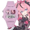Light pink digital wrist watch featuring anime character Arai from Zenless Zone Zero printed inside screen sub-windows, set against character artwork backgrounds.