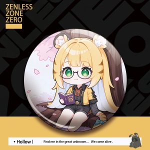 Glossy round button badge featuring chibi anime character Ju Fufu from Zenless Zone Zero holding bubble tea against a yellow accent background.