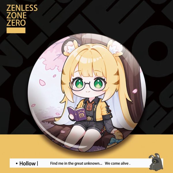 Glossy round button badge featuring chibi anime character Ju Fufu from Zenless Zone Zero holding bubble tea against a yellow accent background.