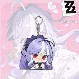 Cute chibi acrylic keychain featuring Zenless Zone Zero character Vivian with light purple hair and red eyes attached to a silver metal lobster clasp.