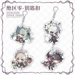 Chibi acrylic keychains of Zenless Zone Zero characters Corin, Ellen, Lycaon, and Rina from Victoria Housekeeping with silver metal clasps.