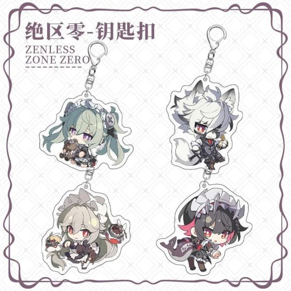 Chibi acrylic keychains of Zenless Zone Zero characters Corin, Ellen, Lycaon, and Rina from Victoria Housekeeping with silver metal clasps.