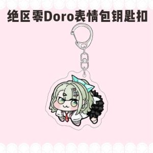 Zenless Zone Zero characters drawn in funny four-legged Doro meme style on acrylic keychains with silver metal clasps.